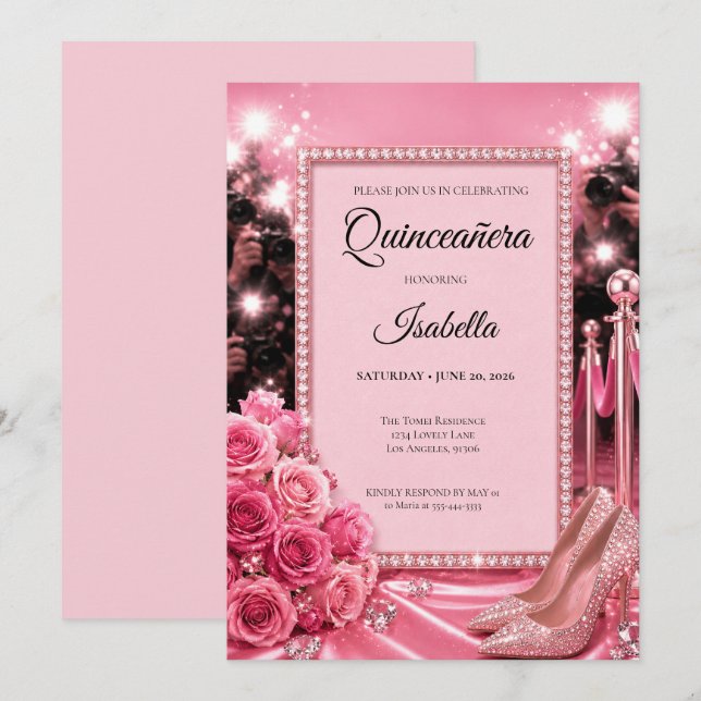 Lyxig Rosa Quinceañera Inbjudningar (Fram/baksida)