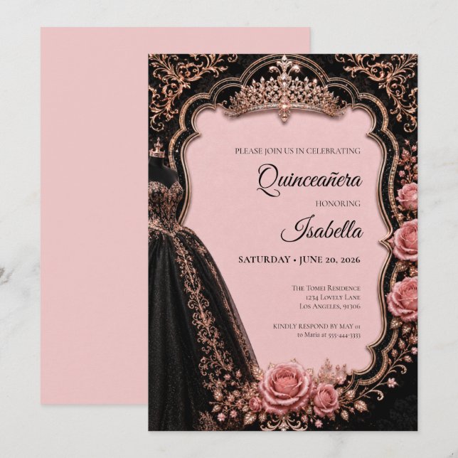 Lyxig Rosa Quinceañera Inbjudningar (Fram/baksida)