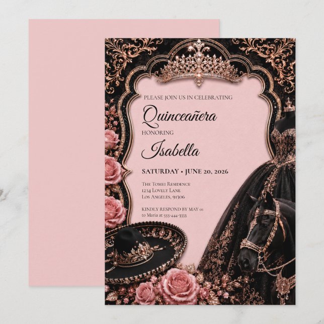 Lyxig Rosa Quinceañera Inbjudningar (Fram/baksida)