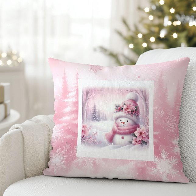 Lyxig Rosa Snöman Vinter Scen Barn Rum Kudde (Luxury Pink Snowman Winter Scene Kids Room Pillow

)