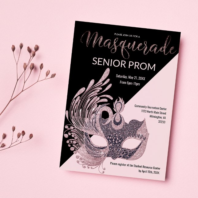 Lyxig rosa svart silver glitter maskerad skolbal  inbjudningar (Luxury pink black silver glitter Masquerade Prom )