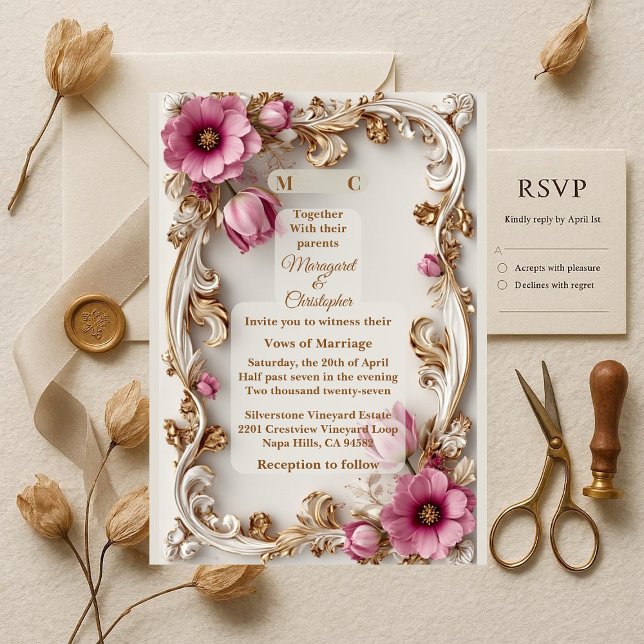 Lyxig Rosa Tulpan Guld Barock Stor Bröllopskväll Inbjudningar (Luxury Blush Pink Tulip Gold Baroque Grand Wedding Invitation)