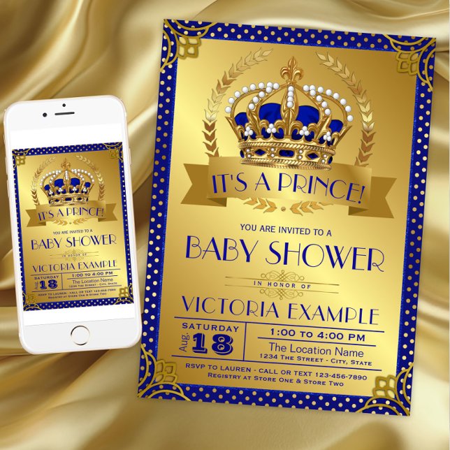 Lyxig Royal Blå Guld Prins Baby Shower Inbjudningar (Fancy Royal Blue Gold Prince Baby Shower Invitation. Download and printed invitations available.)