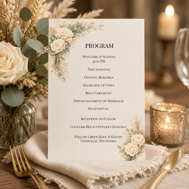 Lyxig Rustik Blommig Med Pampasgräs Program (Part of the luxury rustic wedding theme collection, program card)