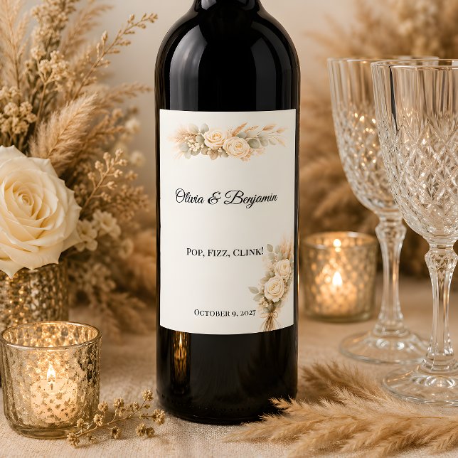 Lyxig Rustik Bröllop Med Elfenbensrosor Vinflaska Etikett (Part of the luxury rustic wedding theme collection, wine labels)