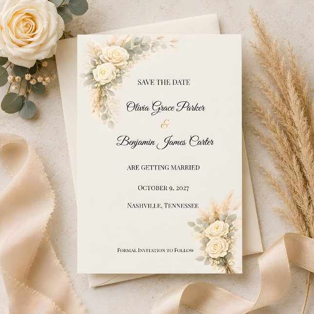 Lyxig Rustik Ros med Pampasgräs Spara Datumet (Part of the luxury rustic wedding themed collection, save the date card)