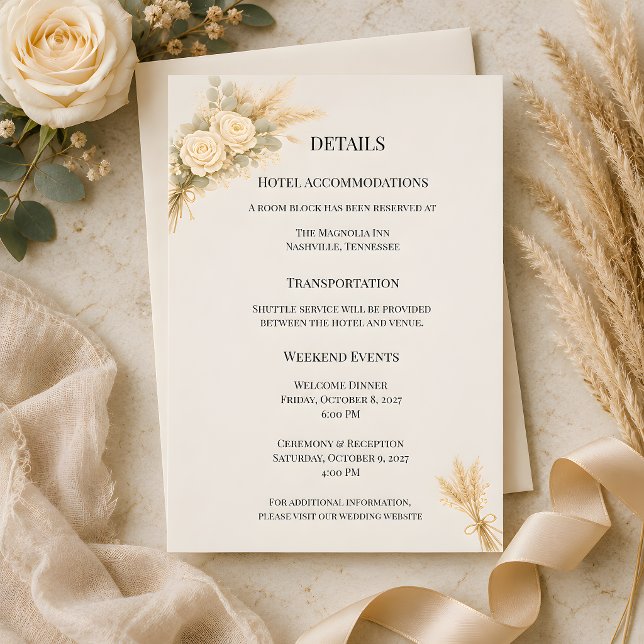 Lyxig Rustik Rosdetaljkort med Pampasgräs Inbjudningar (Part of the luxury rustic wedding collection, details card)
