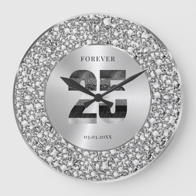 Lyxig Silver 25-årsjubileum Svart & Grått Glitter Stor Klocka (Framsida)