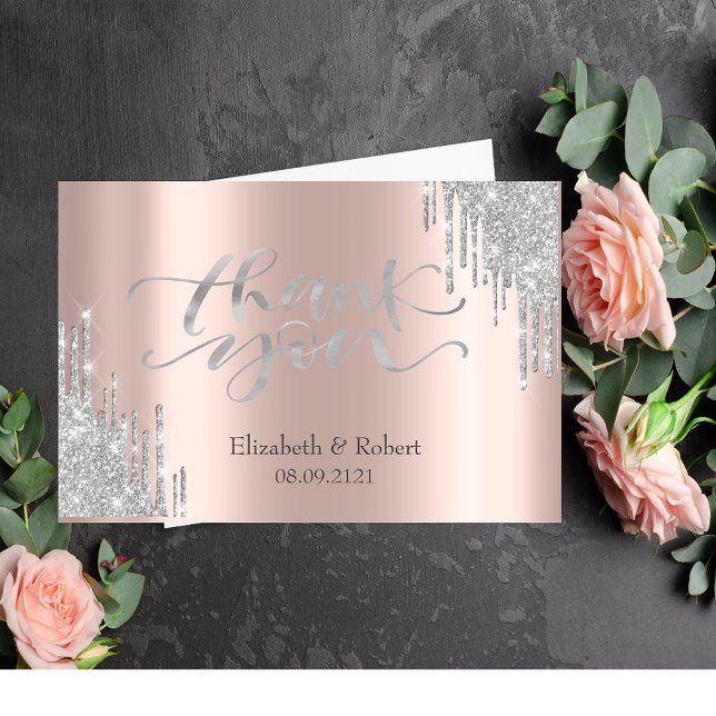 Lyxig Silver Glitter Drips Rose Guld Tack Kort (Skapare uppladdad)