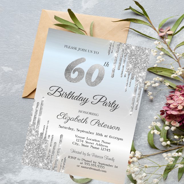 Lyxig silver glitter droppar 60-årsdag  inbjudningar (Skapare uppladdad)