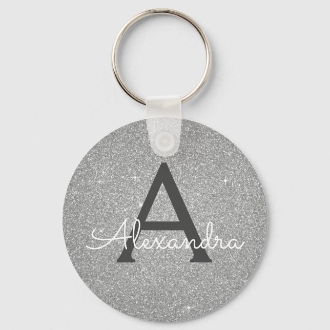 Lyxig Silver Glitter & Gnistrande Monogram Nyckelring (Framsida)