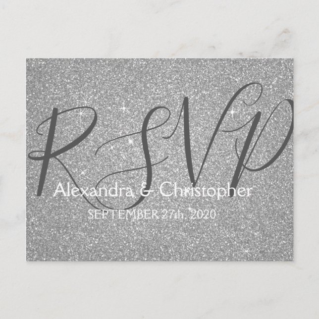 Lyxig Silver Glitter och Gnistrande RSVP Inbjudan Vykort (Framsida)