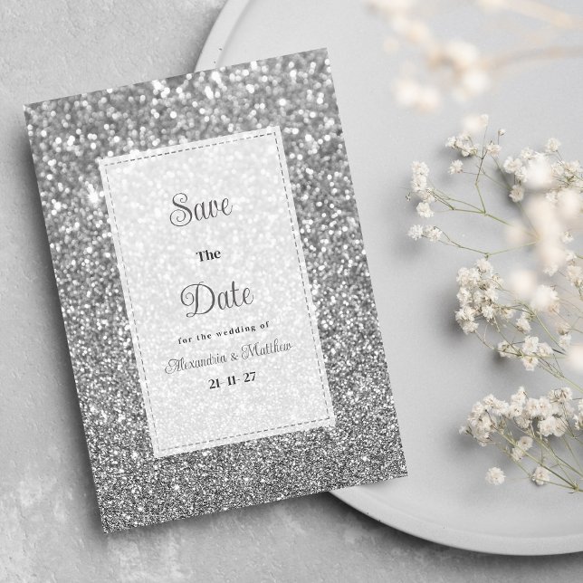 Lyxig silver glittrig glitter glam Spara datum  Inbjudningar (Luxury silver sparkly glitter glam Save The Date)