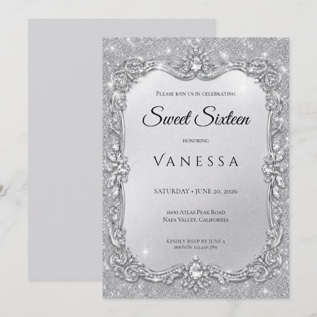 Lyxig Silver Rhinestones Glitter sweet 16 Inbjudningar (Fram/baksida)