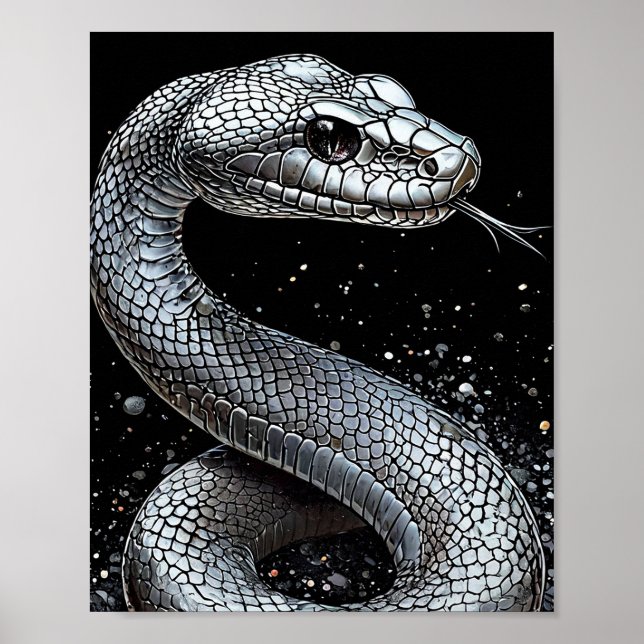 Lyxig Silver Serpent Affisch – Estetiskt Djur (Framsidan)