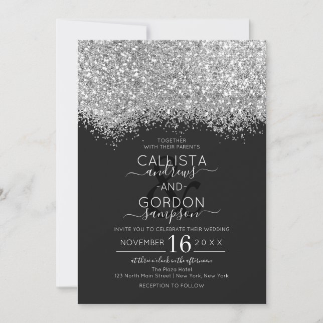 Lyxig Silver Svart Glitter Konfetti Bröllop Inbjudningar (Framsida)