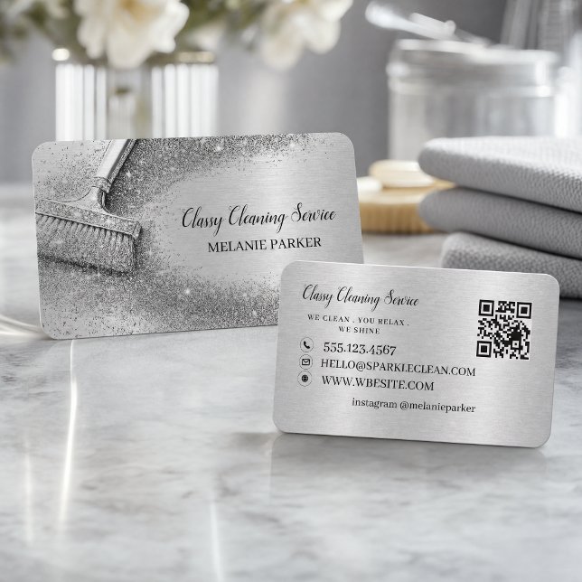 Lyxig Silverfolie Rengöringstjänst Visitkort (Luxury Silver Foil Cleaning Service Business Card)