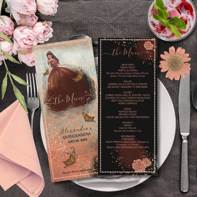 Lyxig skimrande kopparfärgad Quinceañera-meny Meny (Elegant Vintage Copper Rose Quinceañera Menu)