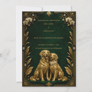 Lyxig Smaragd Guld Golden Retriever Bröllopsinbjud Inbjudningar