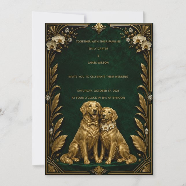 Lyxig Smaragd Guld Golden Retriever Bröllopsinbjud Inbjudningar (Framsida)