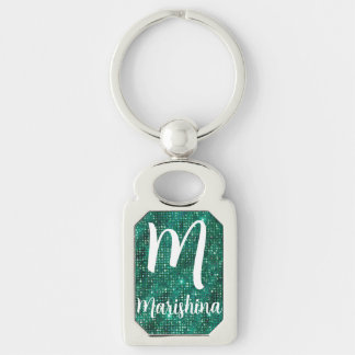Lyxig smaragdgrön glänsande paljetter monogram rektangulärt silverfärgad nyckelring