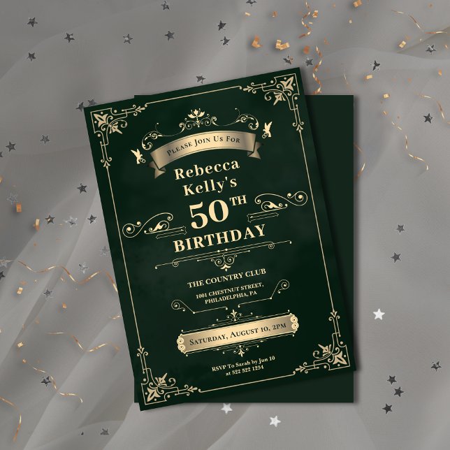 Lyxig Smaragdgrön & Guld Jubileumsålder Födelsedag Inbjudningar (Elegant Rococo Ornament Black & Gold Wedding Invitation)