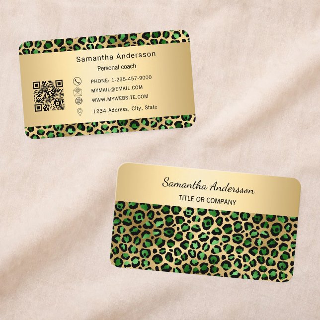 Lyxig Smaragdgrön Guld Leopardtryck QR-kod Visitkort (Skapare uppladdad)