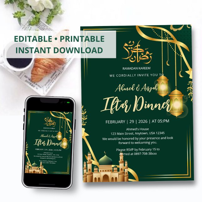 Lyxig smaragdgrön och guld moské Iftar middag Inbjudningar (Skapare uppladdad)