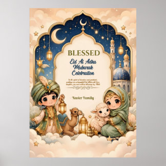 Lyxig Söt Lykta Navy Barn Eid Mubarak Familj Poster