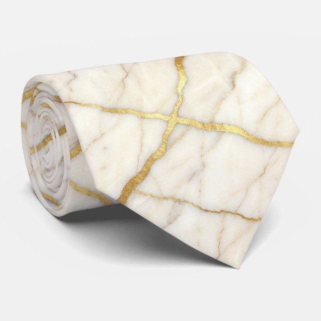 Lyxig stenkravatt | Vit & Guld Marmor Slips (Rullad)