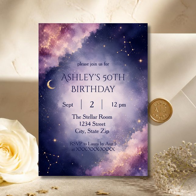 Lyxig stjärnklar 50-års födelsedagsinbjudan | Eleg Inbjudningar (Luxury celestial invitation featuring elegant galaxy artwork for a memorable 50th birthday.)
