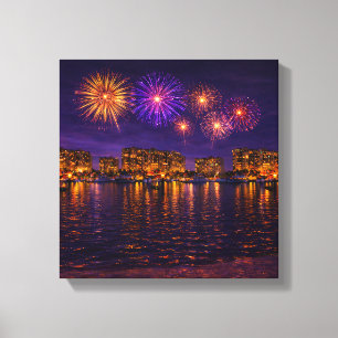 Lyxig Strandpromenad Eldshow Natt Canvas Väggkonst