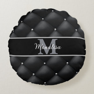 lyxig svart design monogrammerad personlig rund kudde