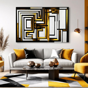 Lyxig Svart Geometrisk Deco i Guld Canvastryck