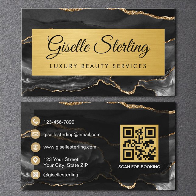 Lyxig svart guld Agate Glitter QR-kod Visitkort (Skapare uppladdad)