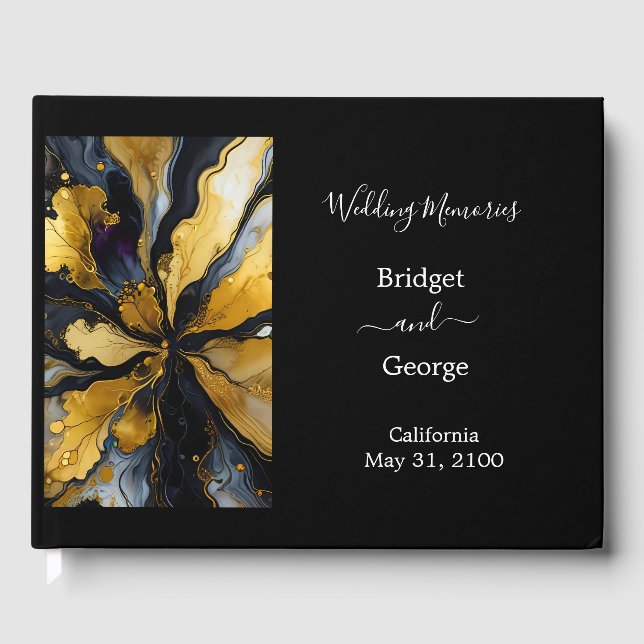 lyxig svart guld agate marble bröllop gästböcker (Framsida)
