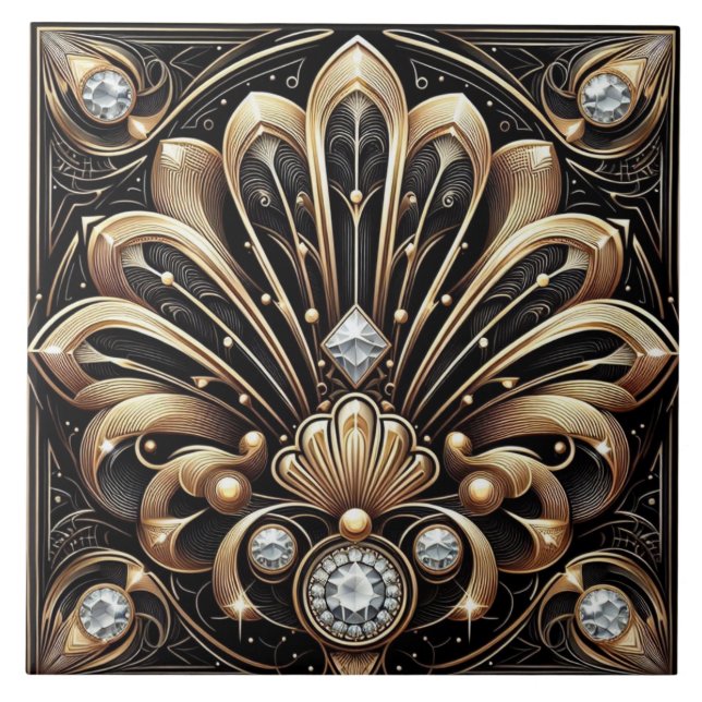 Lyxig svart & guld Art Deco keramisk platta Kakelplatta (Framsidan)
