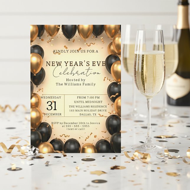 Lyxig svart guld ballongkonfetti nyårsafton inbjudningar (Skapare uppladdad)