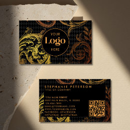 Lyxig svart & guld barock anpassad logotyp QR-kod Visitkort