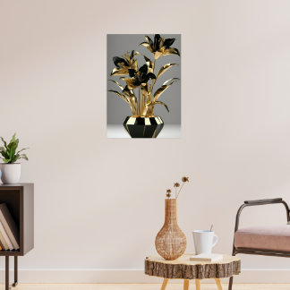 Lyxig svart & guld blommig vas Väggkonstaffisch | Poster