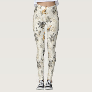 Lyxig svart & guld botanisk räv konst leggings