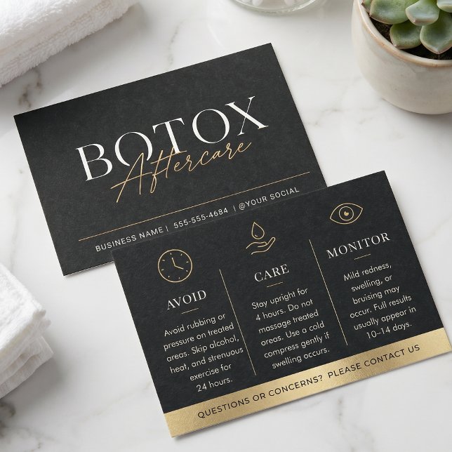 Lyxig svart guld Botox eftervårdsguide Visitkort (Skapare uppladdad)