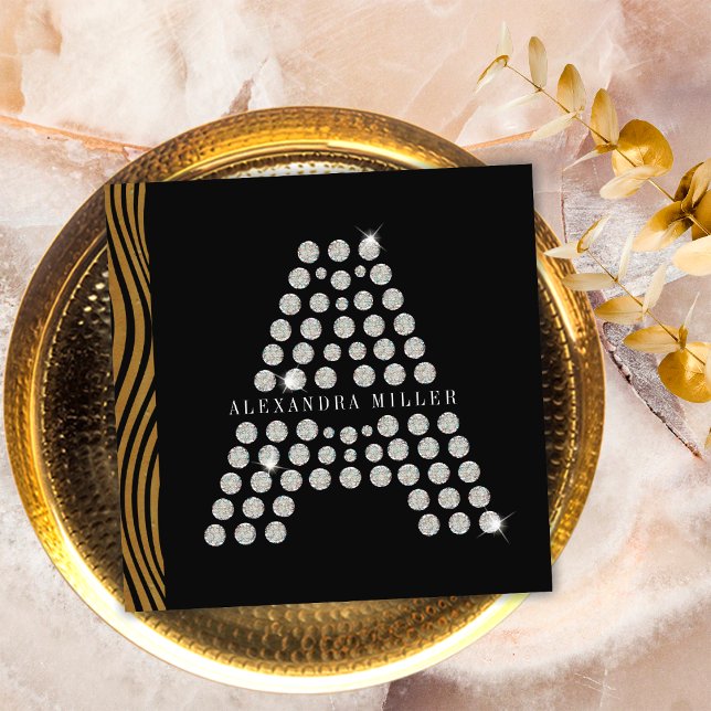 Lyxig svart guld diamant initial monogram QR-kod Fyrkantigt Visitkort (Front)