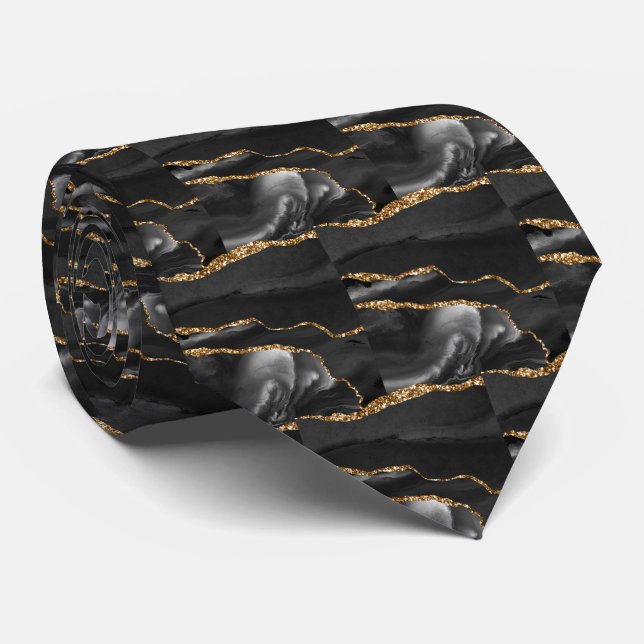 Lyxig svart guld falsk glitter falsk silke slips (Rullad)