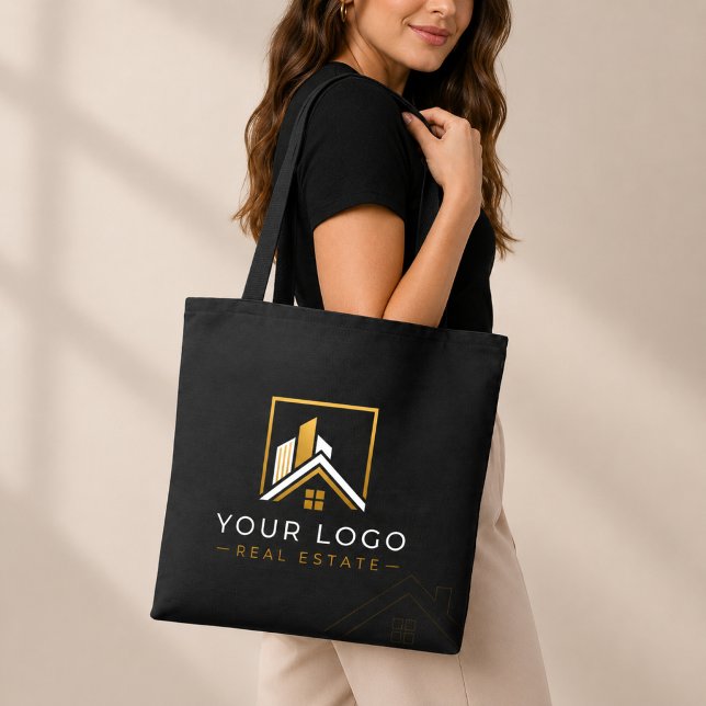 Lyxig svart guld Fastighetslogo  Tygkasse (Luxury Real Estate Tote Bag for Realtor Branding | Black Gold Logo Design)