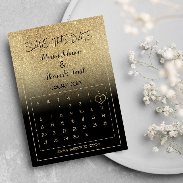 Lyxig svart guld glitter kalender Spara datumet Meddelande Vykort (Luxury Black Gold Glitter Calendar Save the Date )