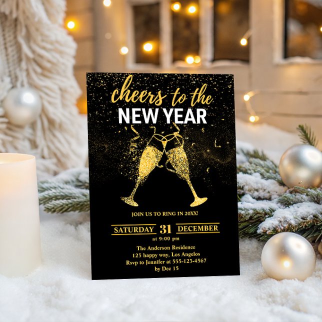 Lyxig svart & guld glitter Nyårsfirande fest   Inbjudningar (Skapare uppladdad)