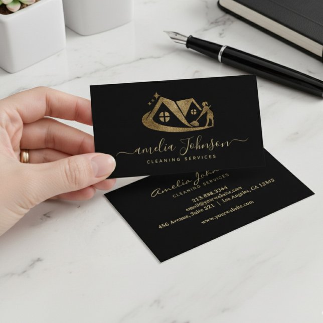 Lyxig svart guld glitter städservice för hemmet visitkort (Skapare uppladdad)