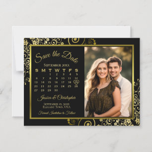 Lyxig svart & guld kalender foto spara datum magne magnetisk inbjudningskort