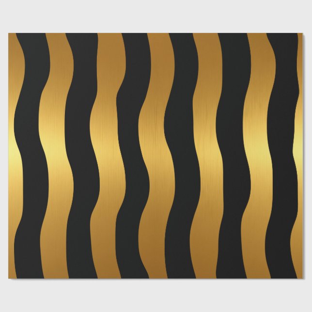 Lyxig Svart & Guld Modern Vågiga Ränder Presentpapper (Platt)